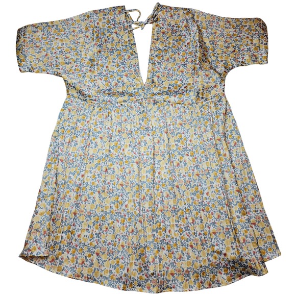 En Creme Floral Print Pleated Mini Dress Tie Back Neck S - Picture 1 of 6